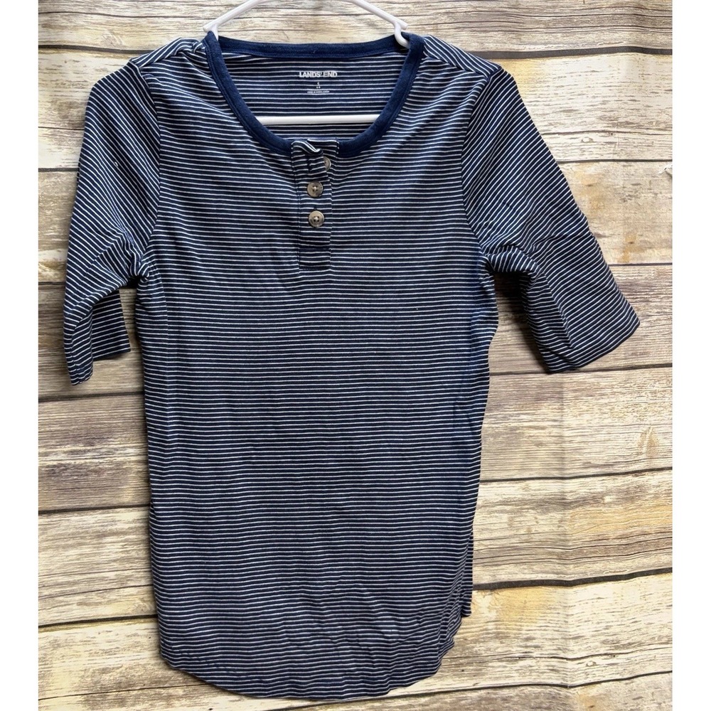 Lands End Women's Small Navy Striped Three Quarter Sleeve Crewneck Henley Top
